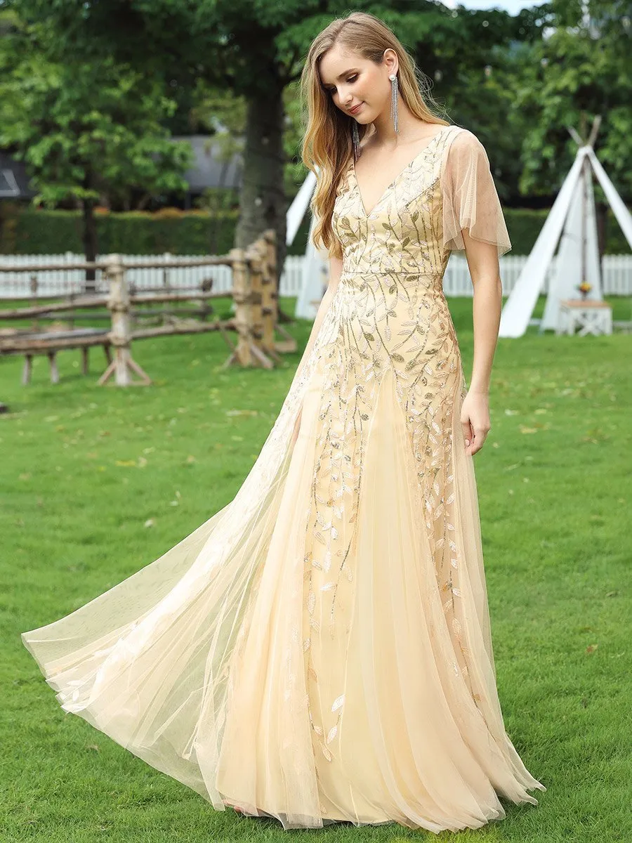 Romantic Shimmery V Neck Ruffle Sleeves Maxi Long Evening Gowns