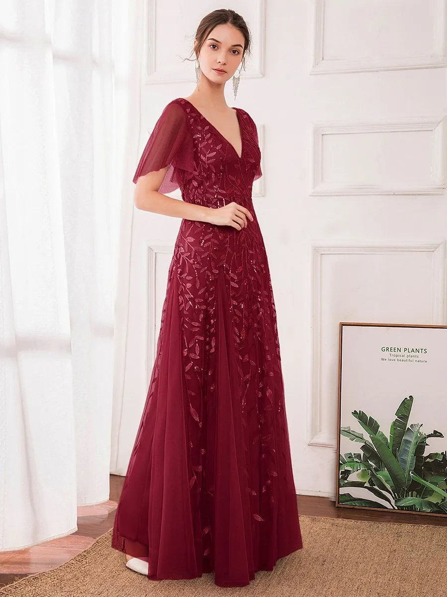 Romantic Shimmery V Neck Ruffle Sleeves Maxi Long Evening Gowns