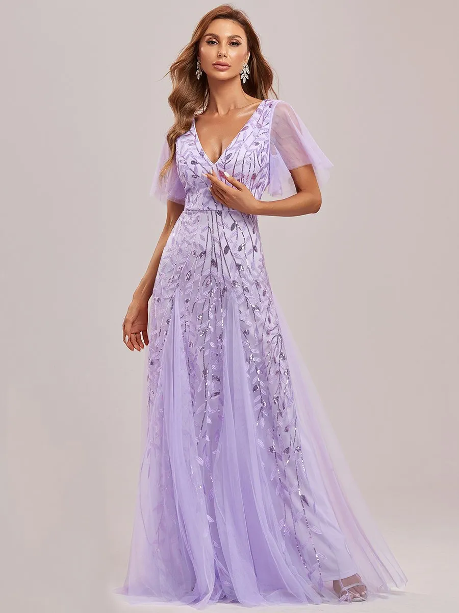 Romantic Shimmery V Neck Ruffle Sleeves Maxi Long Evening Gowns