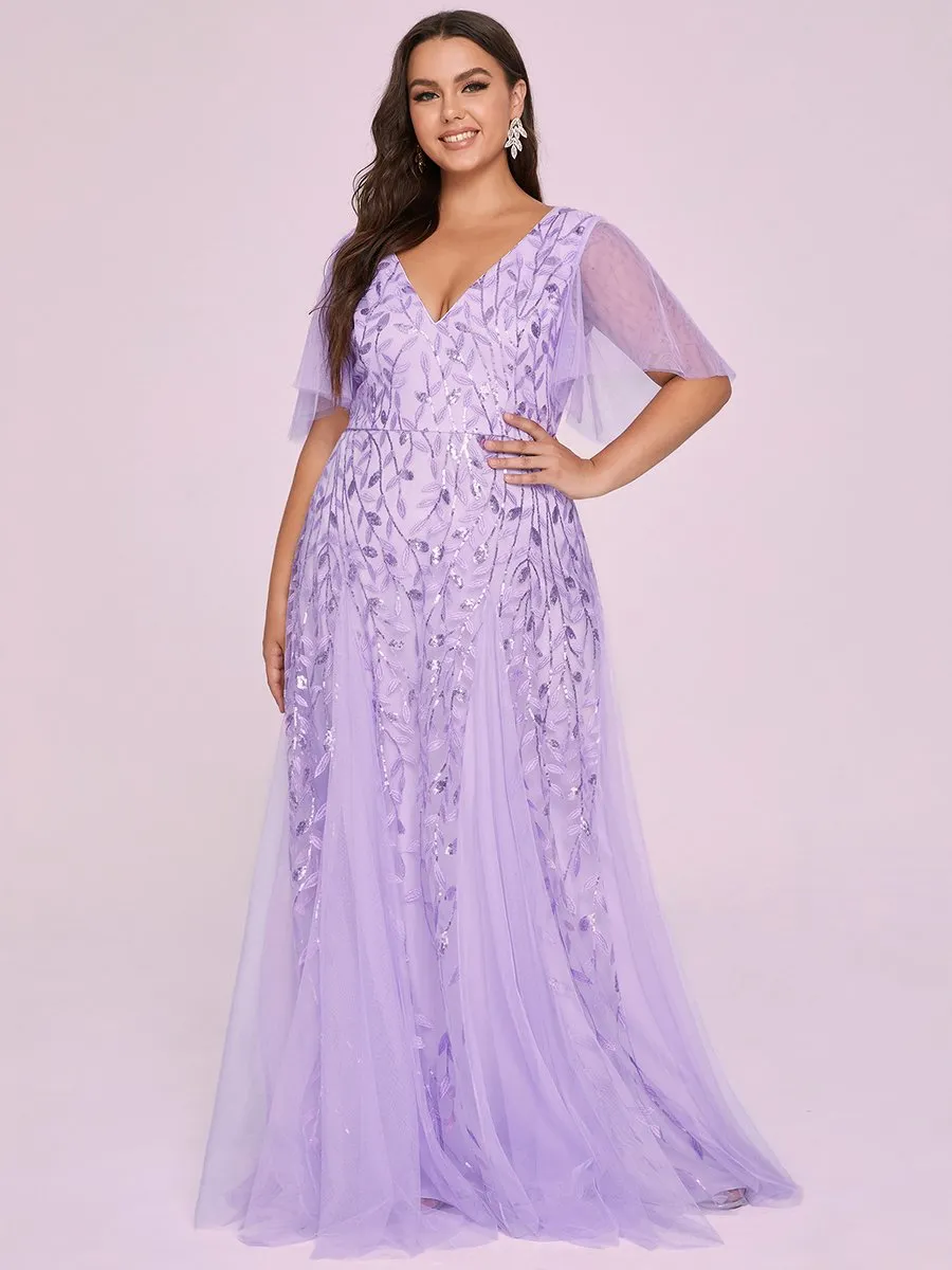 Romantic Shimmery V Neck Ruffle Sleeves Maxi Long Evening Gowns