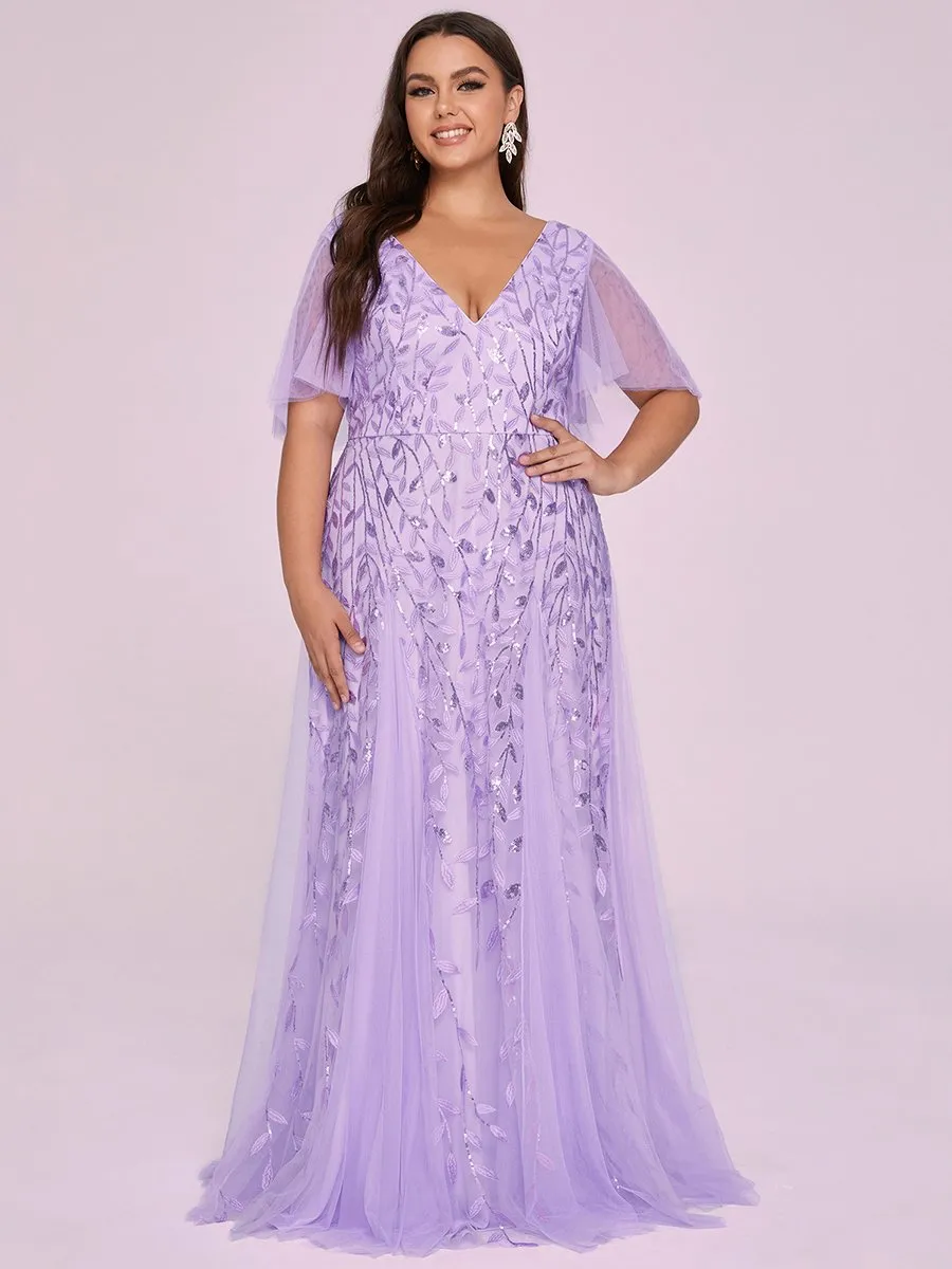 Romantic Shimmery V Neck Ruffle Sleeves Maxi Long Evening Gowns