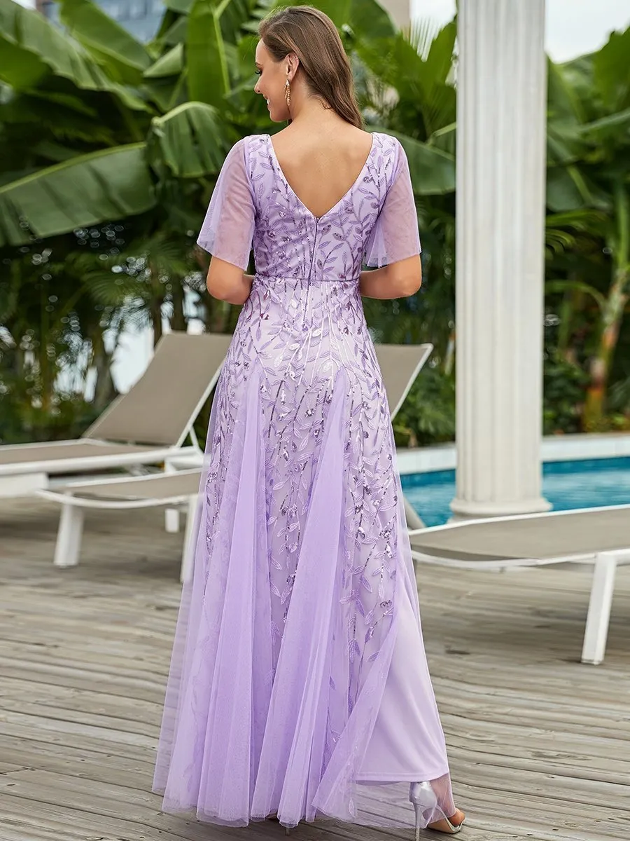 Romantic Shimmery V Neck Ruffle Sleeves Maxi Long Evening Gowns