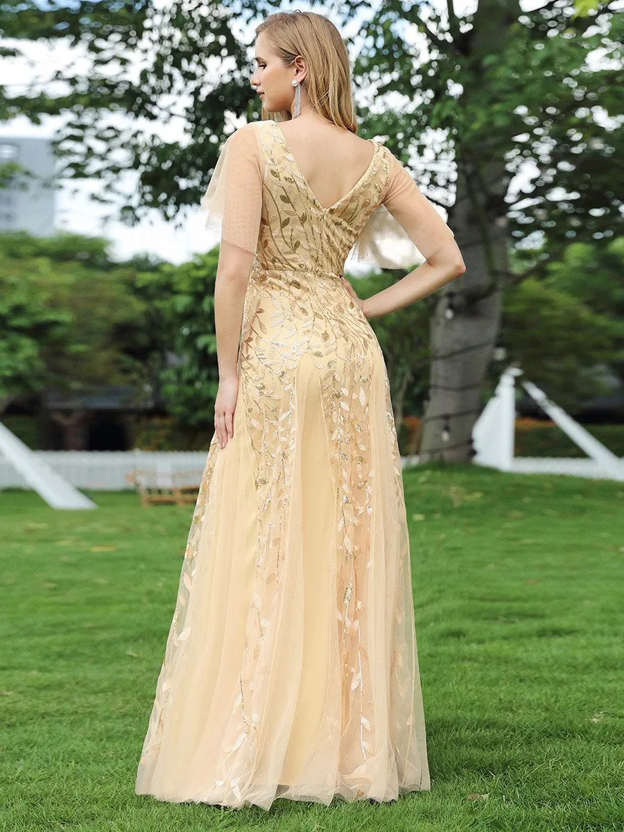 Romantic Shimmery V Neck Ruffle Sleeves Maxi Long Evening Gowns