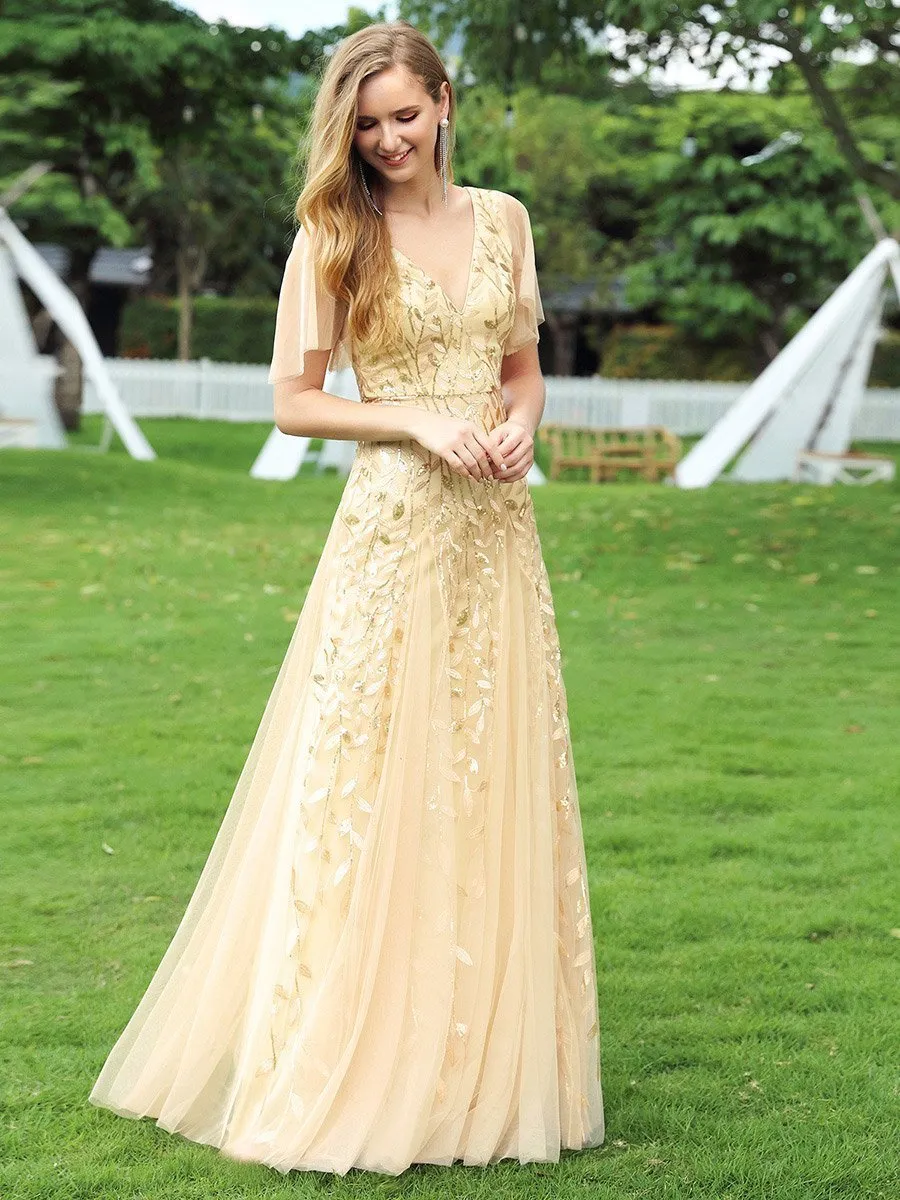 Romantic Shimmery V Neck Ruffle Sleeves Maxi Long Evening Gowns