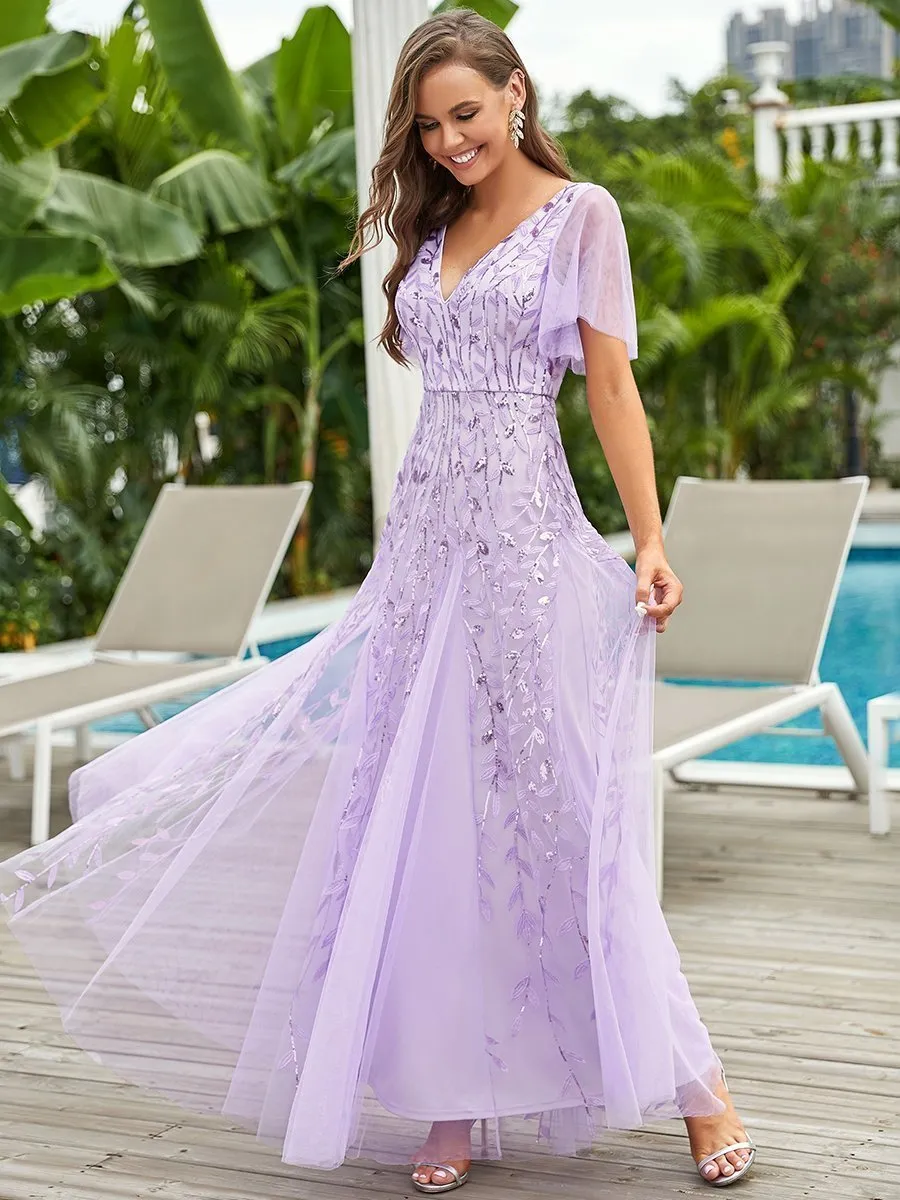 Romantic Shimmery V Neck Ruffle Sleeves Maxi Long Evening Gowns