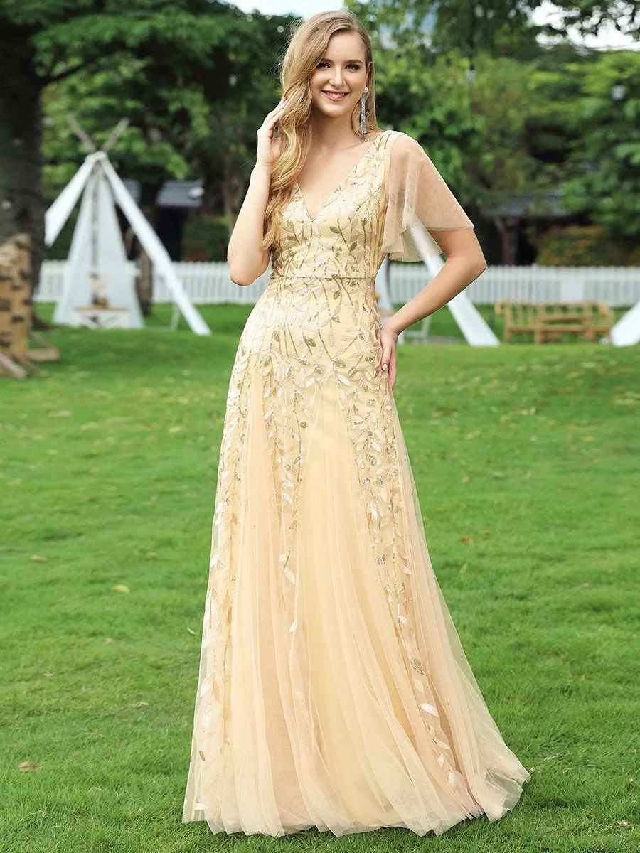 Romantic Shimmery V Neck Ruffle Sleeves Maxi Long Evening Gowns