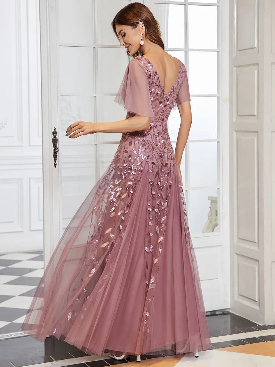 Romantic Shimmery V Neck Ruffle Sleeves Maxi Long Evening Gowns