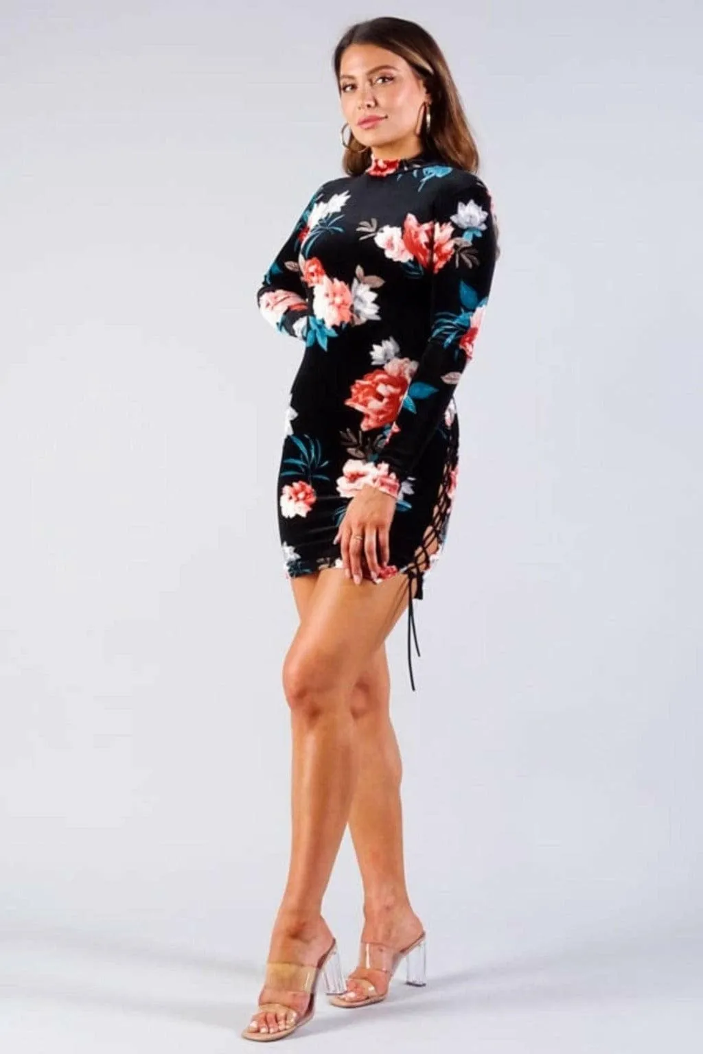 Romantic Velvet Floral Mini Dress-Black