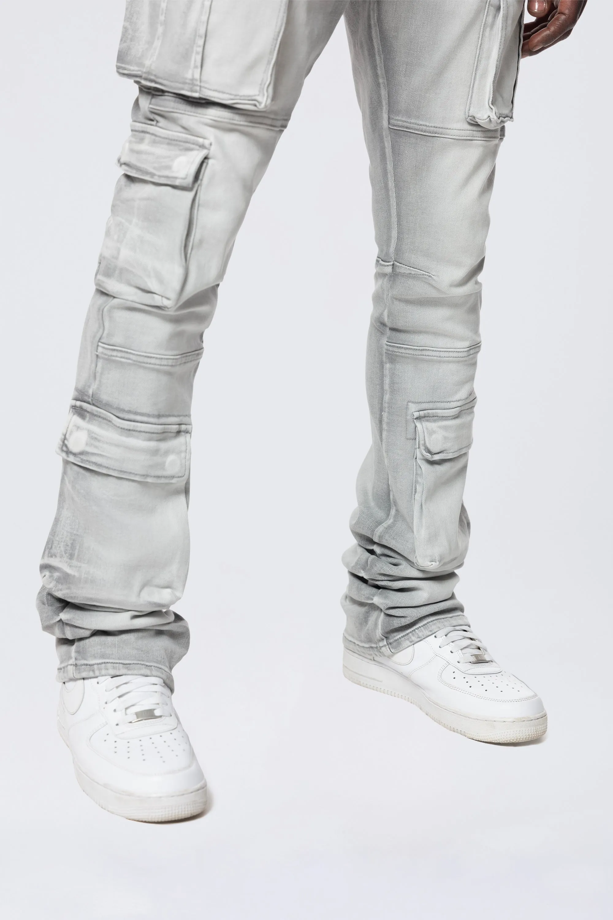 Stacked Utility Multi Pocket Cargo Jeans - Breezy Grey