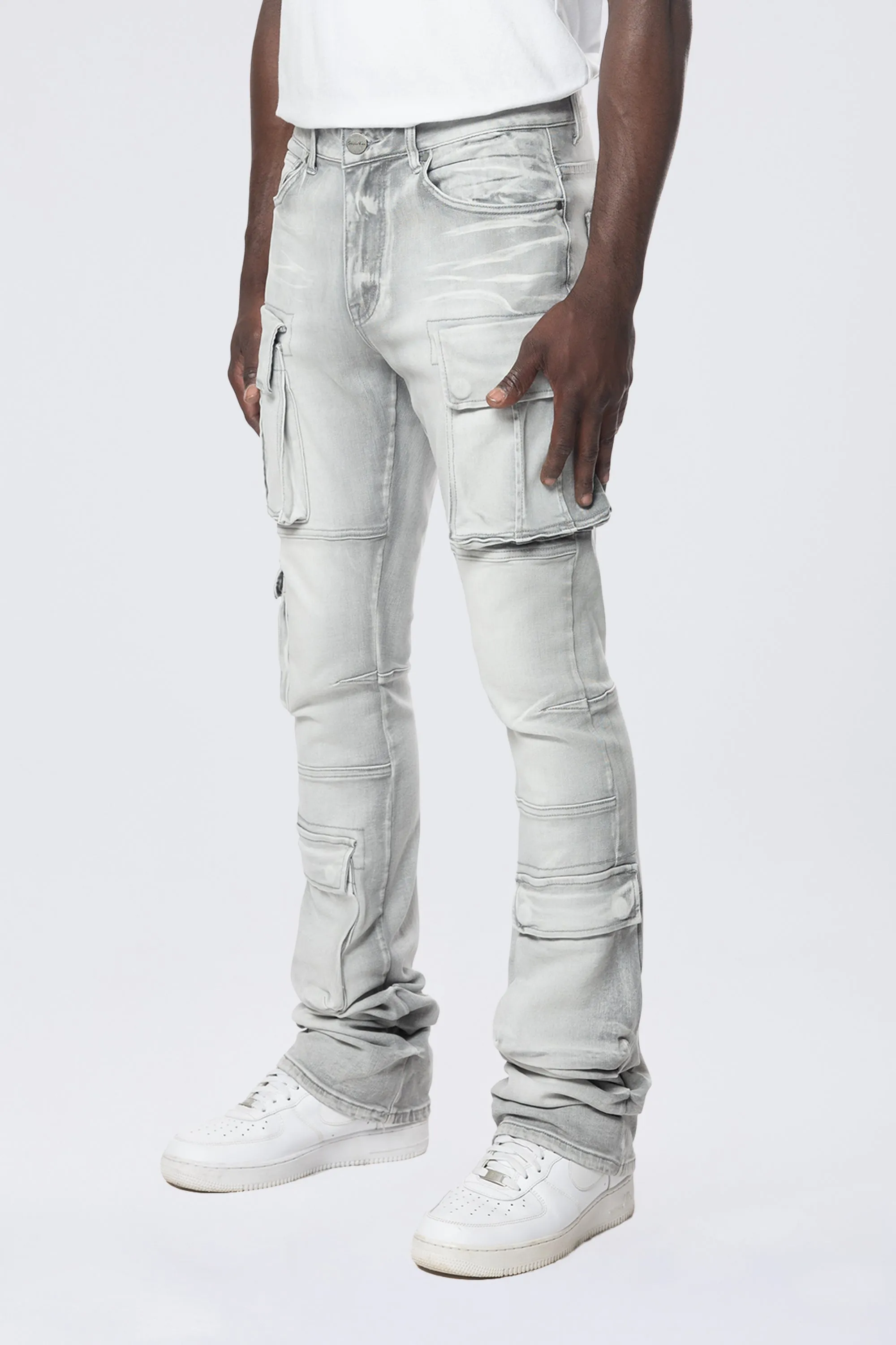 Stacked Utility Multi Pocket Cargo Jeans - Breezy Grey