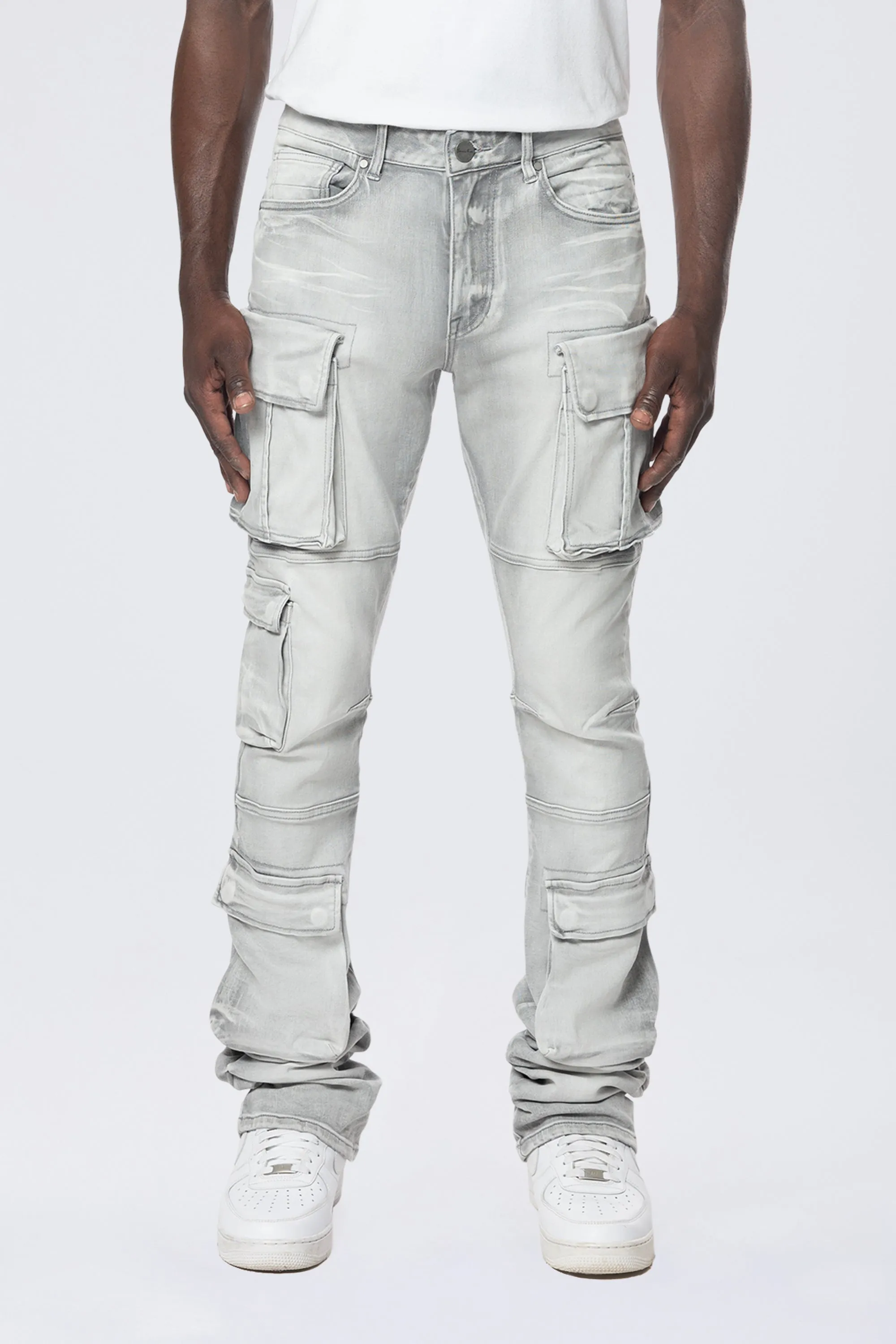 Stacked Utility Multi Pocket Cargo Jeans - Breezy Grey