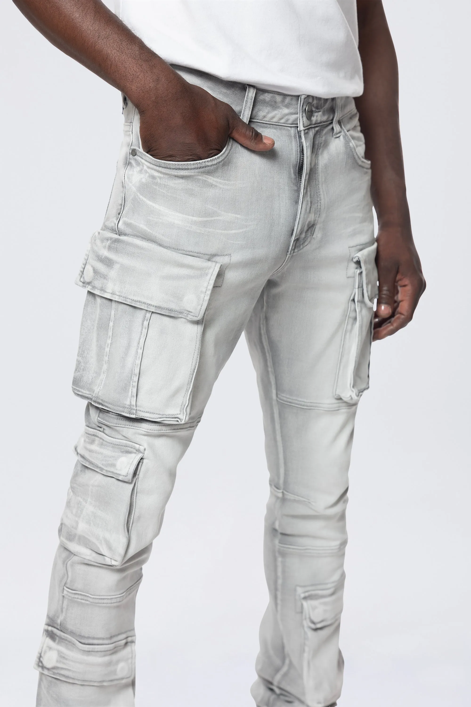 Stacked Utility Multi Pocket Cargo Jeans - Breezy Grey