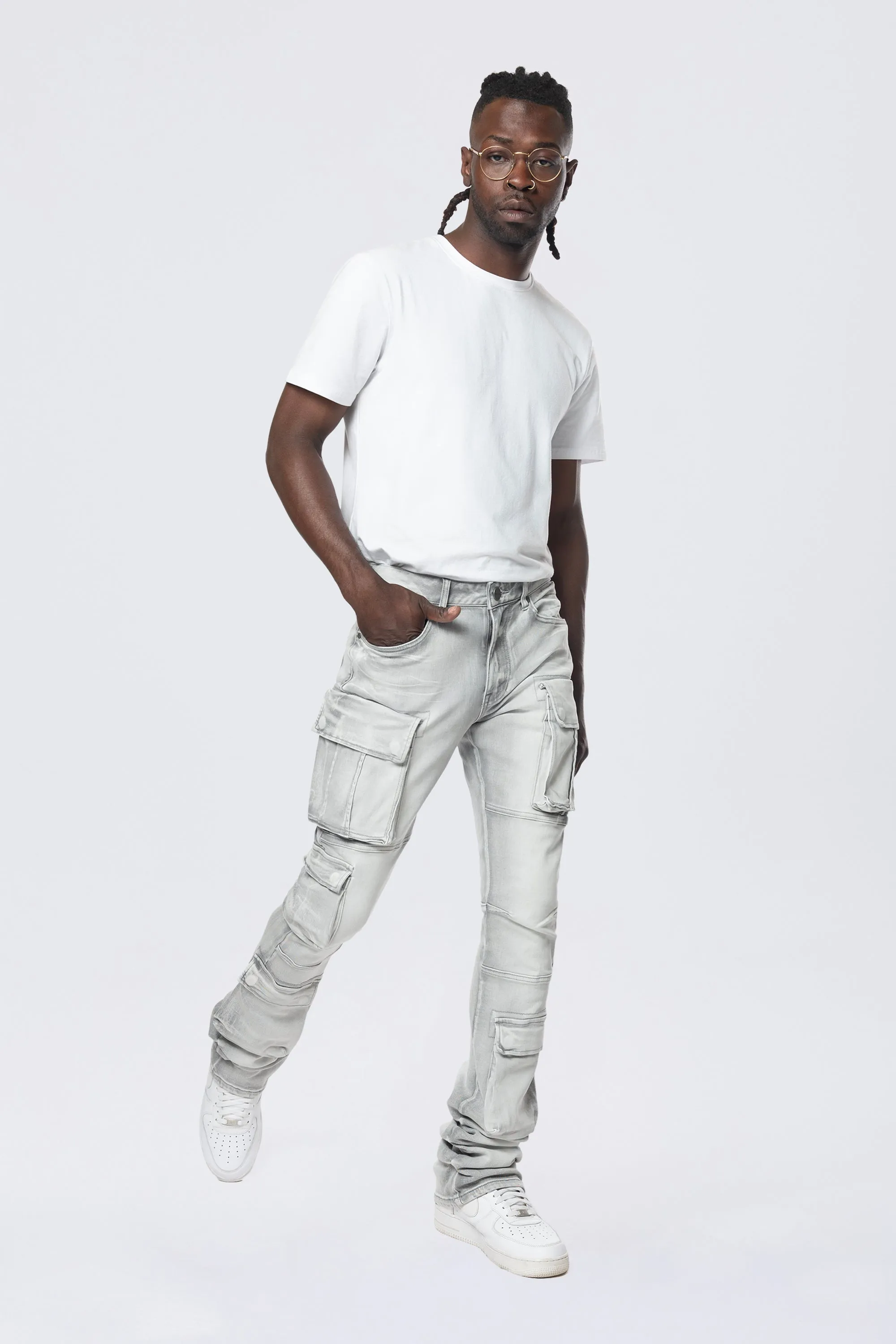 Stacked Utility Multi Pocket Cargo Jeans - Breezy Grey