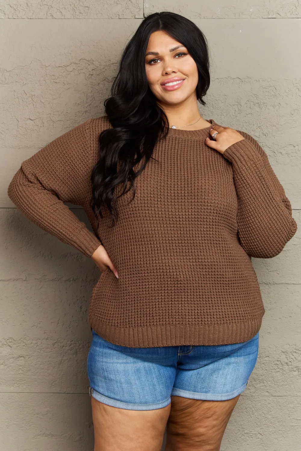 Zenana Breezy Days Plus Size High Low Waffle Knit Sweater